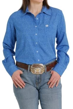 Cinch Women's Blue Paisley Print Long Sleeve ArenaFlex Shirt