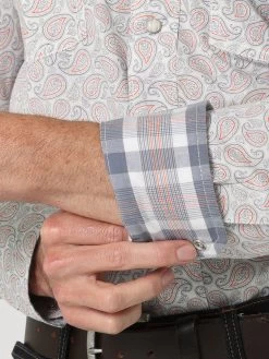 Wrangler Men's 20X Competition Advanced Comfort Grey Paisley Shirt -Modern Life Shop Wrangler 112317137 20x competition shirt grey orange paisley sleeve detail 1200x 67304