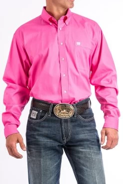 Cinch Men's Solid Pink Button-Down Long Sleeve Shirt