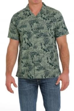 Cinch Men's Green Caution Cactus Short Sleeve Camp Shirt
