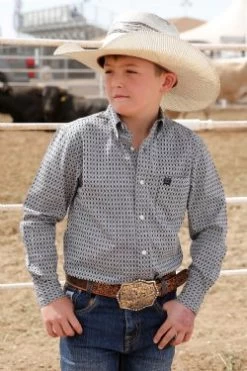 Cinch Boy's Gray/Cream Geometric Print Button-Down Long Sleeve Shirt